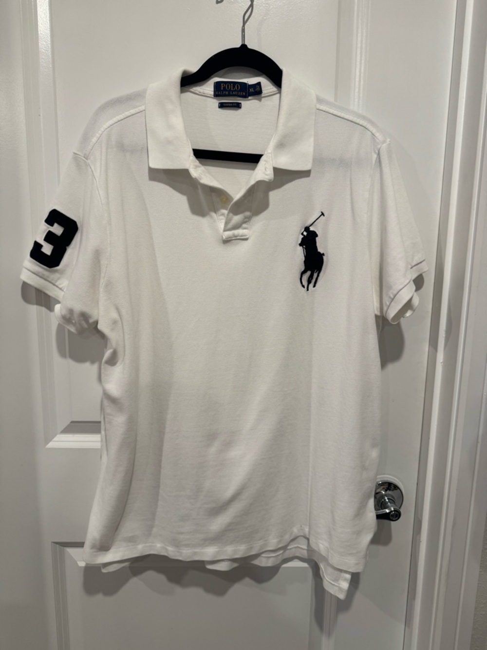 Polo by Ralph Lauren White Polo Shirt with Navy Pony & Sleeve Number szXL
